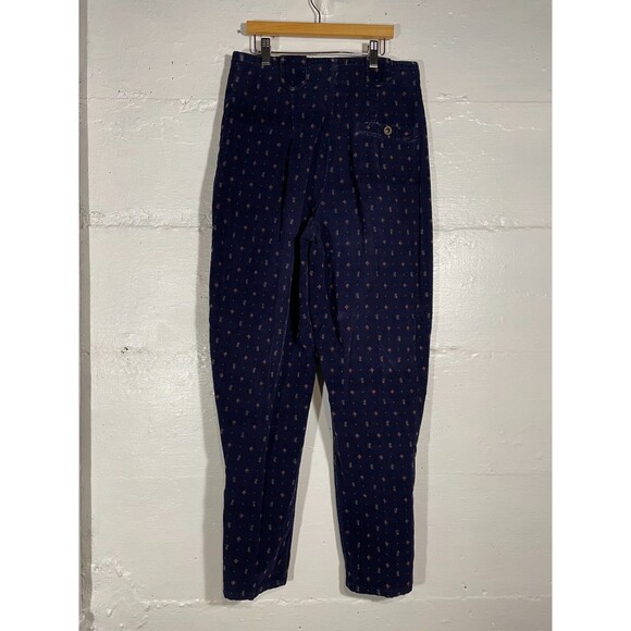 Vintage Corduroy Pants Navy Red Print High Waist Button Leg 80s 90s Boho 29x28 - Picture 11 of 16